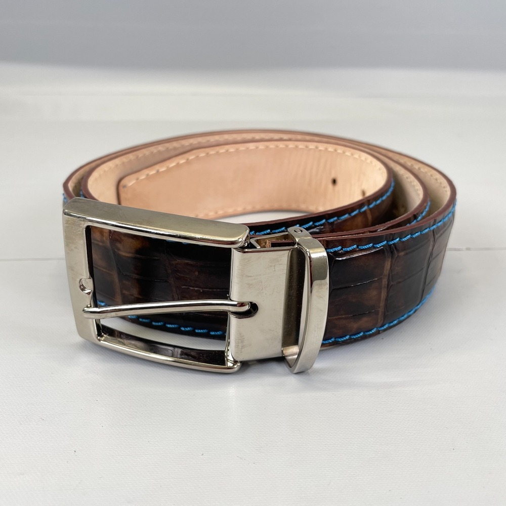Roger Ximenez Mens Leather Dress Belt Size 40 Brown Croc-Embossed Brass Buckle